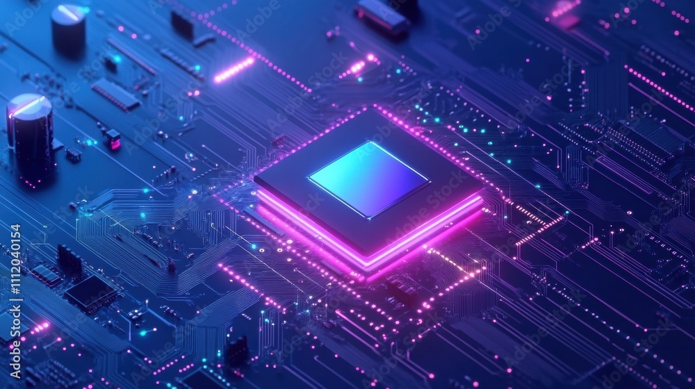 Poster a digital ai chip blends into a futuristic brain design, illuminated by vibrant lights that capture 