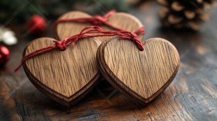 Wooden hearts tied with red twine Mockup. Generative AI