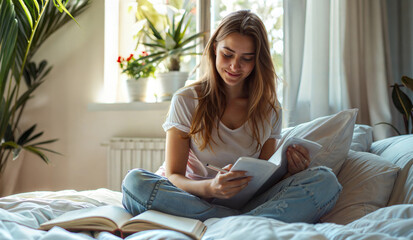 Obraz premium Young woman relaxing at home with a journal in cozy morning light. Dream Journaling