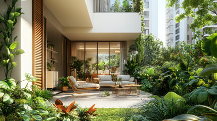 Fototapeta premium The detailed focus on the terrace includes the texture of the floor, cushions, and plant decorations, emphasizing the outdoor living space