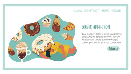 Fototapeta premium Landing page sugar addiction, hand drawn vector illustration.