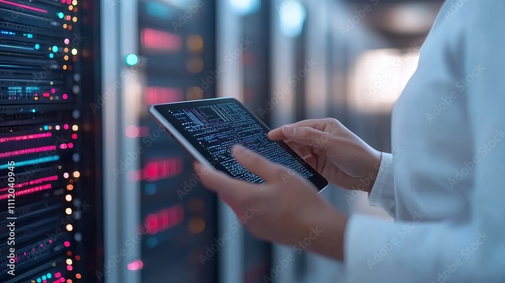 Poster technician analyzing server data on a tablet in a data center during a professional audit