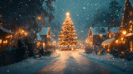 Fototapeta premium A festive Christmas scene with a decorated tree, glowing lights, and snow gently falling on a cozy village