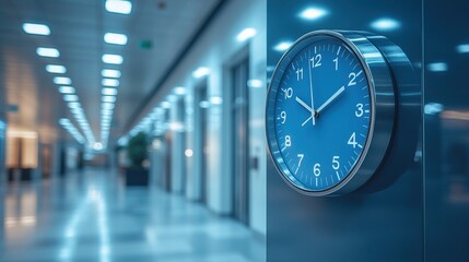Blue wall clock in sleek contemporary office hallway with modern lighting, minimalist timepiece on reflective wall, corporate interior design, time management, workplace organization.