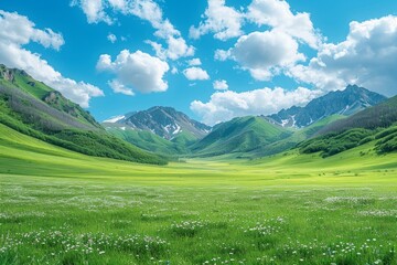 Fototapeta premium Green hills and a grassy field with white flowers under a blue sky with white clouds. AI generative. .