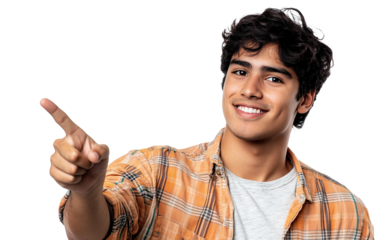 Smiling young man in a plaid shirt pointing forward, isolated on transparent cutout background