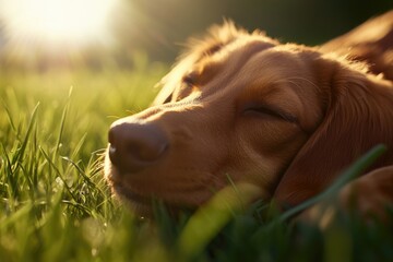 Brown dog on green field