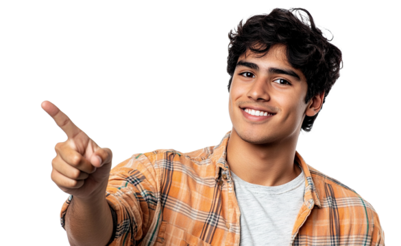 Smiling young man in a plaid shirt pointing forward, isolated on transparent cutout background