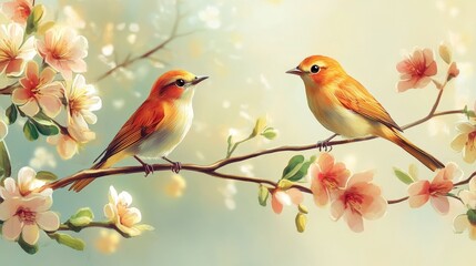 small birds are sitting on flowering branch