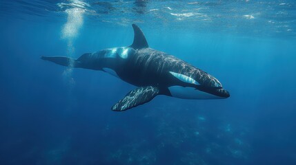 Fototapeta premium Graceful orca whale gliding through vibrant blue ocean waters, sunlight rays highlighting its beauty, underwater wildlife photography, marine animal, aquatic elegance.