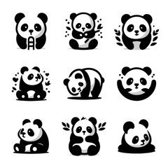 Adorable Panda Bear Collection: Nine Unique Poses in Black and White. Cute panda silhouette