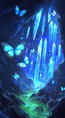 Fototapeta premium Charming Underground Fantasy Cavern with Glowing Crystals and Butterflies Illustration