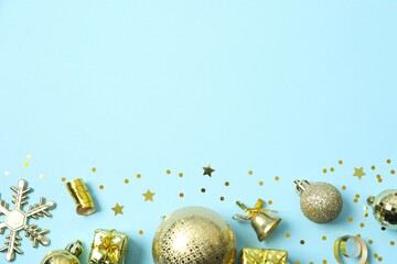Festive Christmas background with various decorations, top wiew
