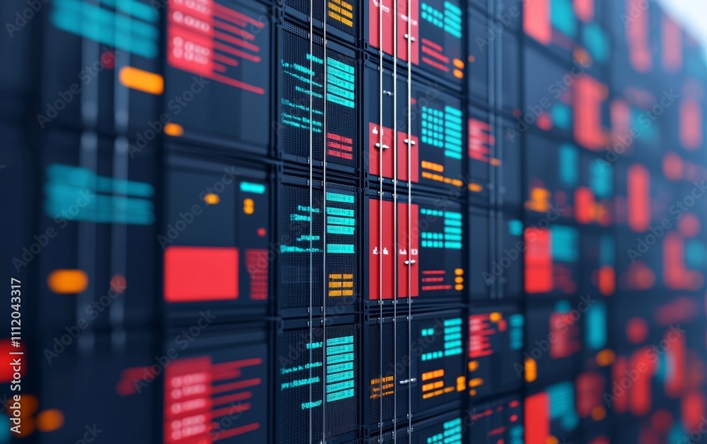 Poster a vibrant digital interface displaying colorful data blocks and codes, representing technology, anal