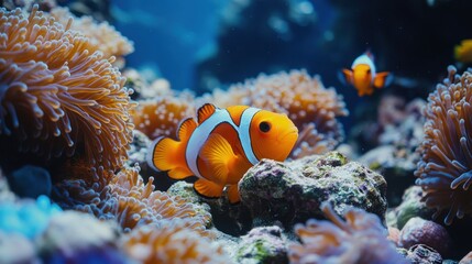 Clownfish swimming near vibrant coral reefs, colorful underwater ecosystem, tropical marine life, thriving ocean habitat, aquatic beauty, serene nature photography, biodiversity.