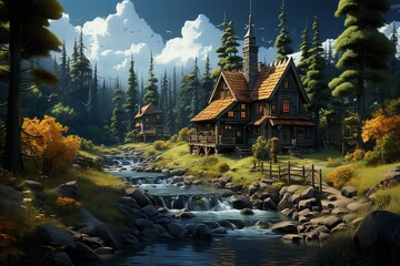 Obraz premium Idyllic autumnal village scene with stream.