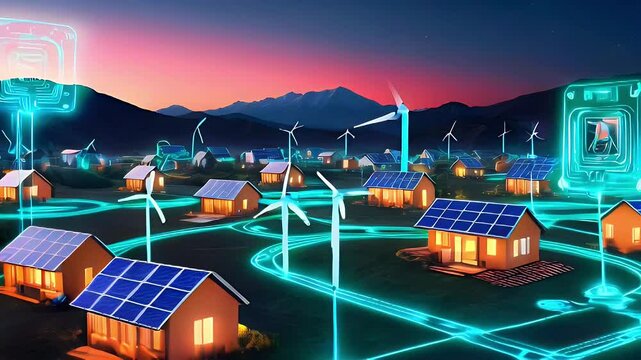 A futuristic village with solar panels and wind turbines, showcasing renewable energy solutions.