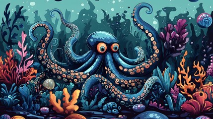 Obraz premium Octopus and beautiful underwater scenery, Underwater Scene with Incredible Commotion of an Octopus