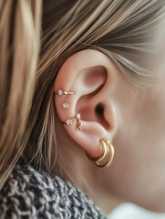Elegant ear helix piercing featuring gold and diamond jewelry, showcasing stylish look. Perfect for fashion enthusiasts and those seeking unique accessories