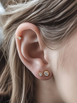Elegant ear helix piercing featuring sparkling studs and delicate hoop. This close up showcases beauty of jewelry and personal style