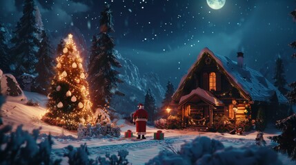 Fototapeta premium HD Christmas scene with Santa cabin snowy trees gifts