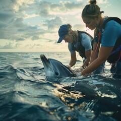 Team of biologists tagging a rescued dolphin to monitor its movement and health, calm ocean waters creating a tranquil background for marine conservation work