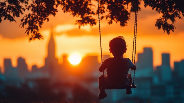 Child sitting on swing at sunset overlooking cityscape, silhouette against vibrant orange sky, childhood innocence, peaceful moment, urban nature, emotional scene, calm reflection.