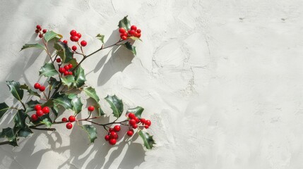 Minimalist holiday holly arrangement on textured white background