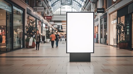 Blank Billboard in Shopping Mall: A large, blank billboard stands prominently in a bustling shopping mall, offering a perfect canvas for advertising or design mockups.