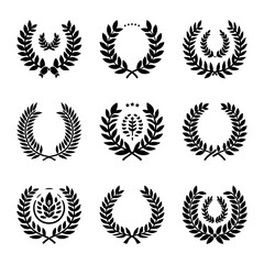 Collection of Nine Black and White Laurel Wreath silhouettes