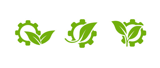 A minimalistic green gear icon with an integrated leaf, symbolizing eco-friendly practices, sustainability, and organic lifestyles, ideal for environmental and bio focused branding.