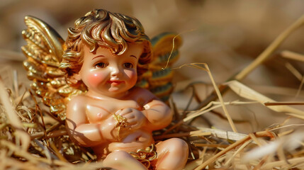 small baby jezus figurine with golden wings rests on a bed of straw © Volodymyr Shcherbak