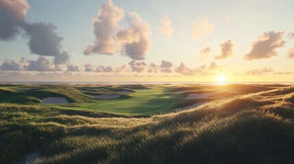 Fototapeta premium Serene sunrise over a lush golf course, showcasing rolling greens and soft clouds in a tranquil landscape.