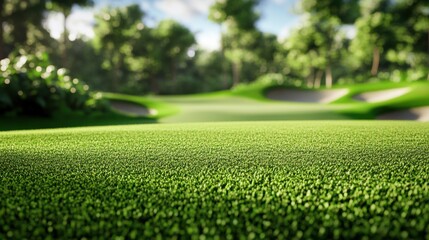 Naklejka premium Lush green golf course with a smooth fairway and sand traps in the background, creating an inviting golf atmosphere.