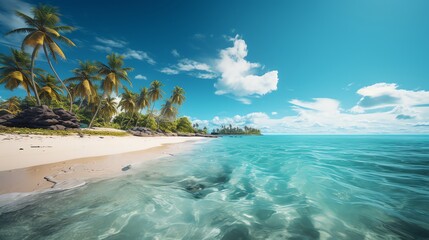 Fototapeta premium Idyllic tropical beach scene with palm trees, clear turquoise water, and white sand.