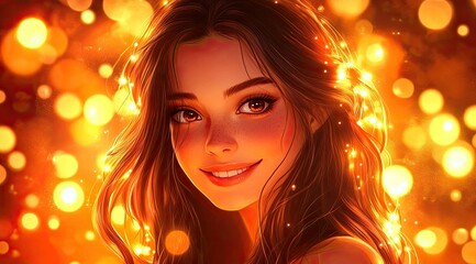 Radiant Beauty: Smiling Girl with Sparkling Eyes Amidst Magical Colorful Lights