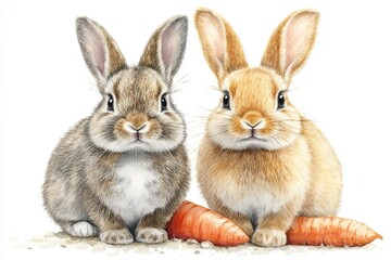 Fototapeta premium Two adorable rabbits sitting beside a carrot, showcasing their cute features.