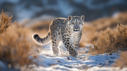 Obraz premium Snow leopard walking gracefully through snowy field during golden sunset, wildlife photography, majestic predator, endangered species, winter nature scene, big cat in habitat.