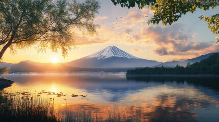Breathtaking sunrise over Mount Fuji, with serene lake reflections and vibrant colors illuminating the sky.