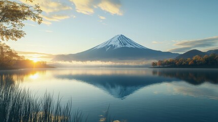 Majestic view of Mount Fuji at sunrise with its reflection in a serene lake.