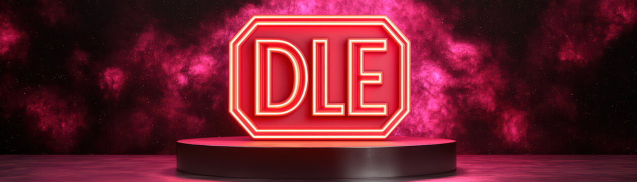 Bright neon sign with letters DLE on cosmic background, creating vibrant and energetic atmosphere. stage podium enhances visual appeal