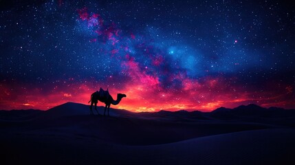 Lone camel silhouetted against a vibrant, starlit desert night sky.