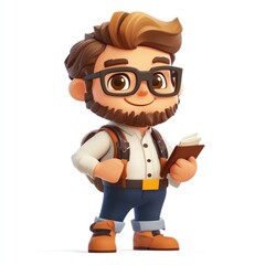 Fototapeta premium Smiling cartoon man with backpack and book.