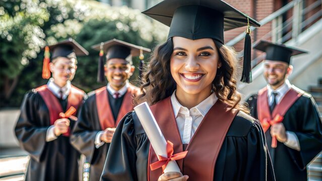 Joyful graduate celebrates achievement surrounded by friends on a sunny day at the university campus