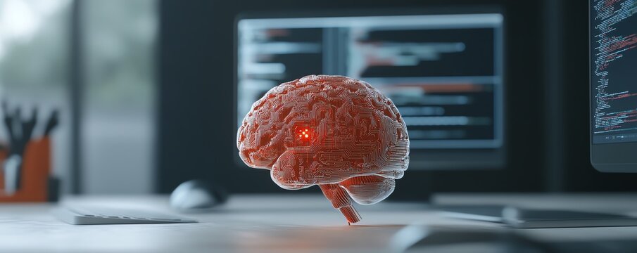 Futuristic brain hologram in tech environment with computer screens.