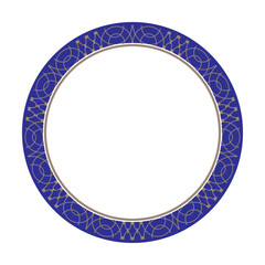 Blue and Gold Geometric Modern Round Frame in Arabic, Muslim, Oriental Style. Blue and Gold Pattern frame for Invitation Design, Porcelain, round surface, Ceramic, textile, Embroidery. Mashrabiya EPS