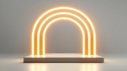 Fototapeta premium Minimalist podium with glowing neon arches, perfect for showcasing products or art. soft lighting creates modern and inviting atmosphere