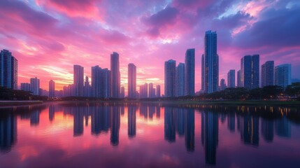 Fototapeta premium Vibrant city skyline at sunset, skyscrapers reflected in calm water, colorful twilight, urban architecture, modern cityscape, serene waterfront, glowing lights, beautiful evening view.