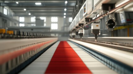 Close-up of an automated textile manufacturing machine with multicolored threads highlighting modern industry.