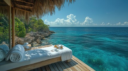 A serene beachside view with a sunbed and refreshments overlooking clear blue waters.